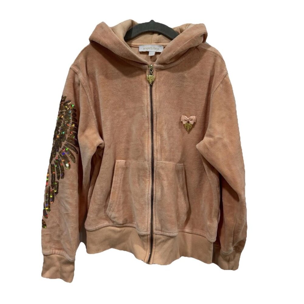 Girls Angels Face Full Zip Up Sweater‎ Orange Peach Bedazzled Sequins  8-9 Yrs